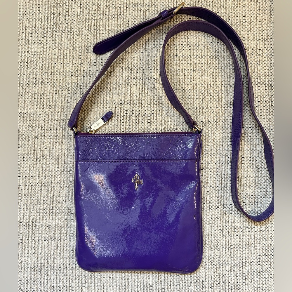 COLE HAAN Jitney II Ziptop Swingpack Crossbody Bag Purple Crinkle Patent Leather